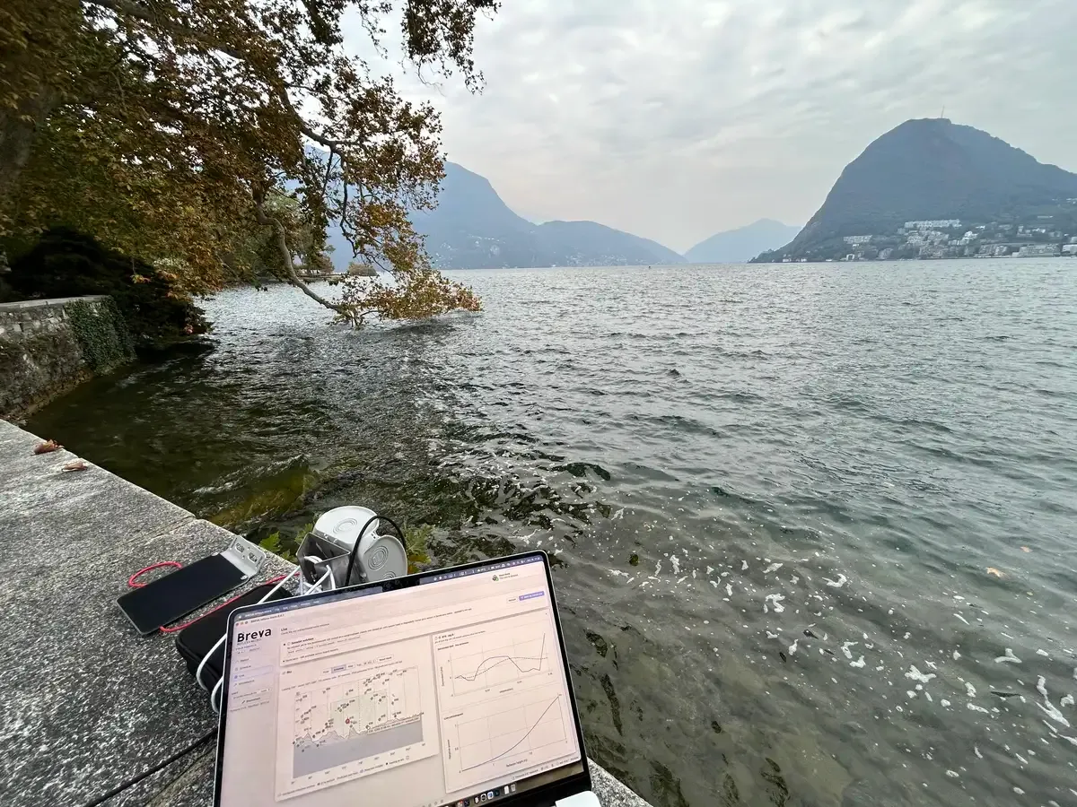 The unit on a lake-side wall in Lugano with a laptop running the field console