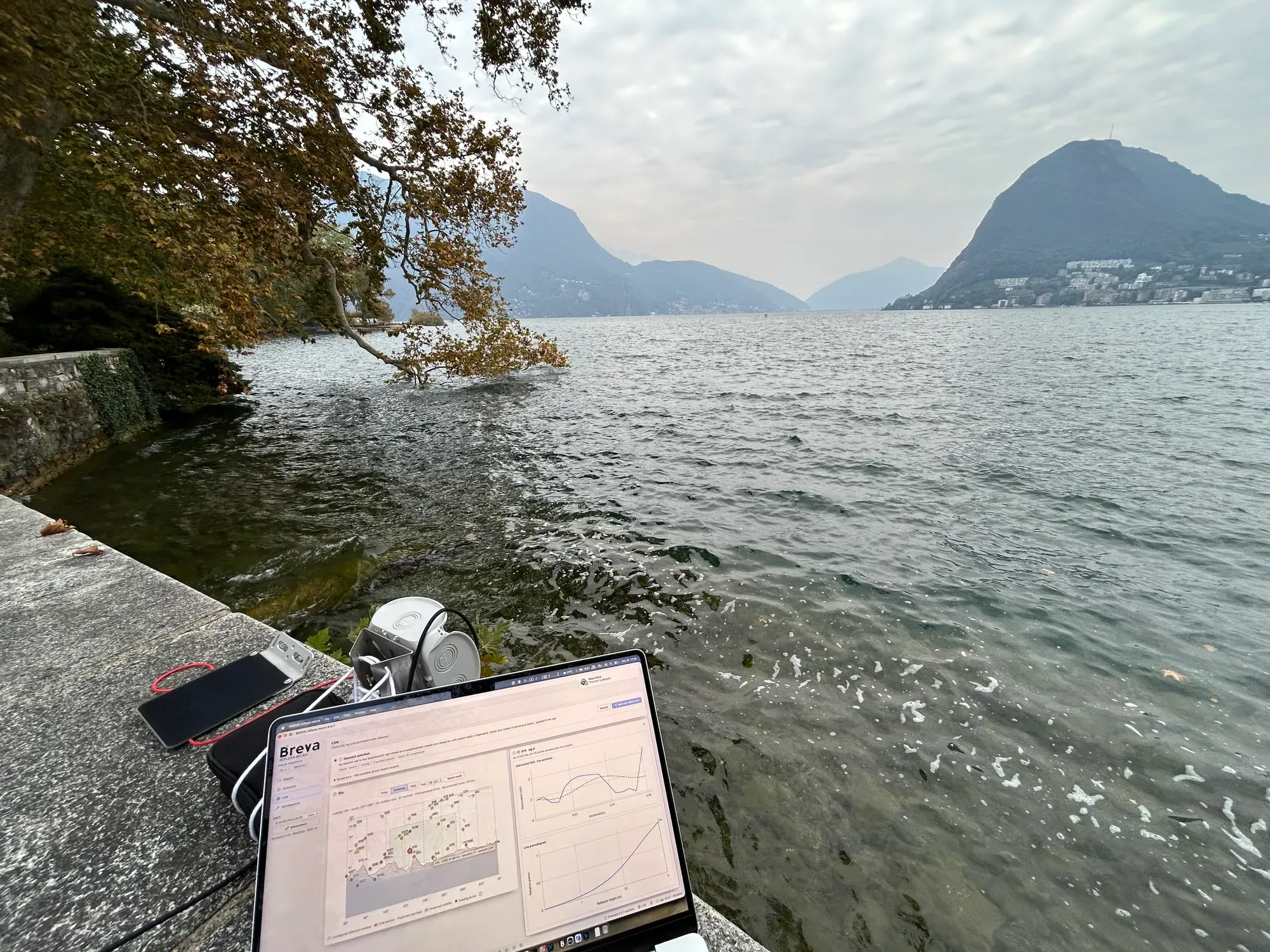 The unit on a lake-side wall, a laptop showing the field console