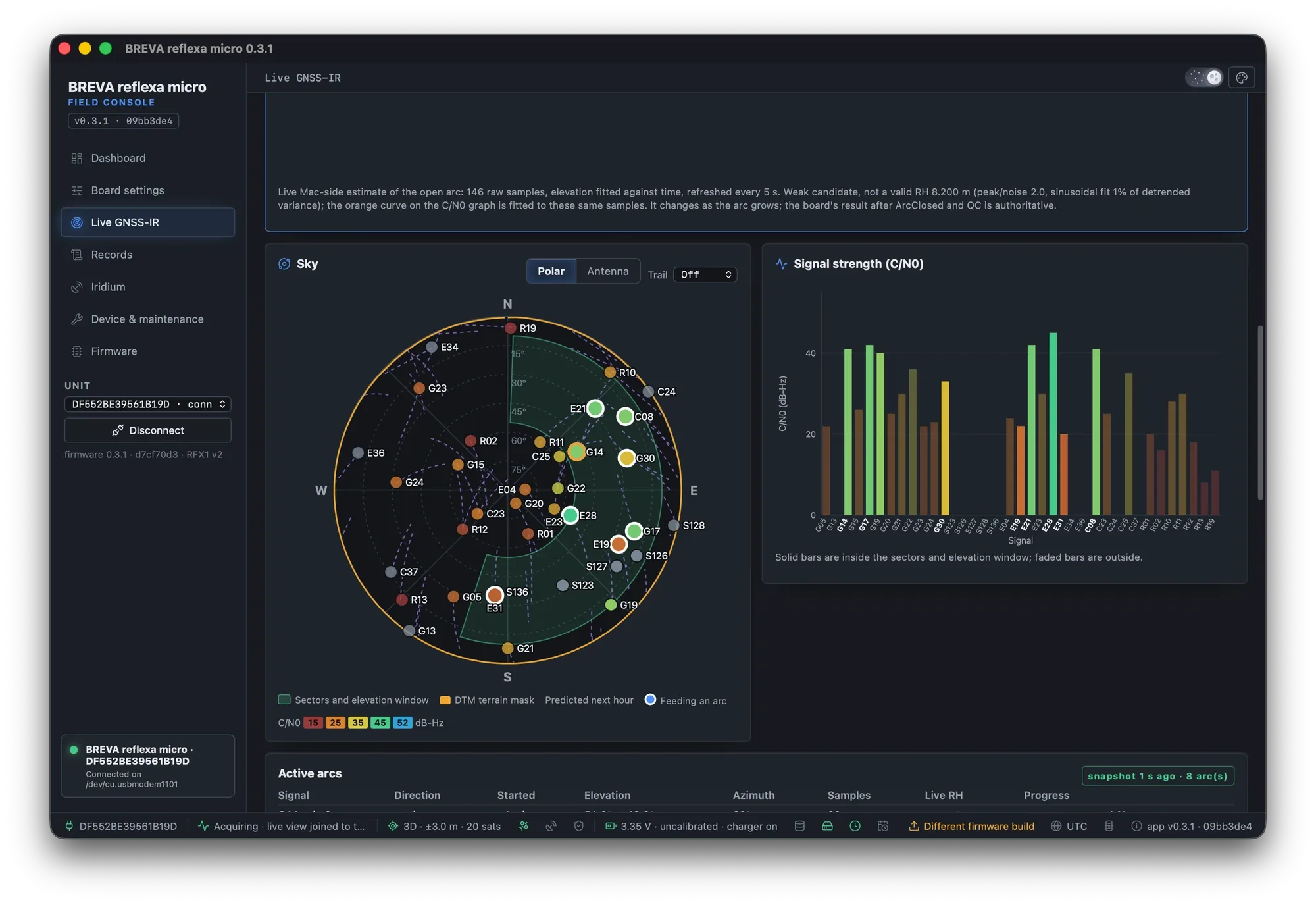 Live page with the sky view, sectors in green, predicted tracks and C/N0 bars