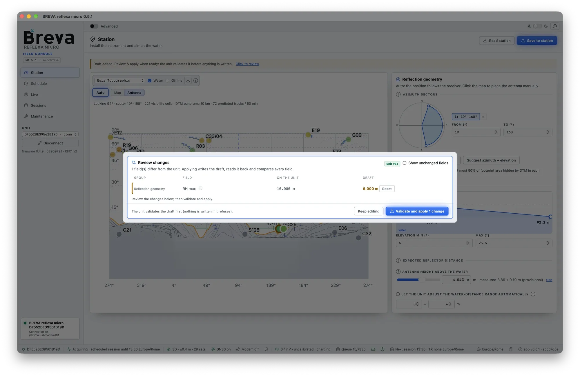 The Review changes dialog listing the settings that differ from the unit