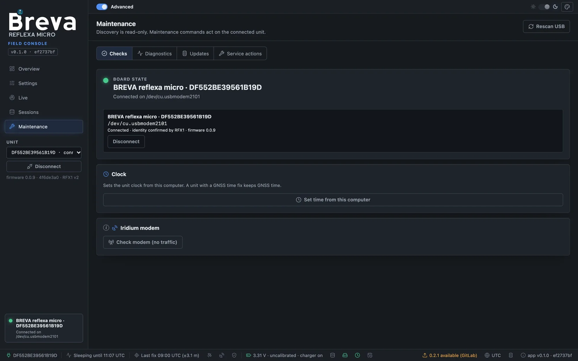 Maintenance, Checks tab with board state, clock and modem check
