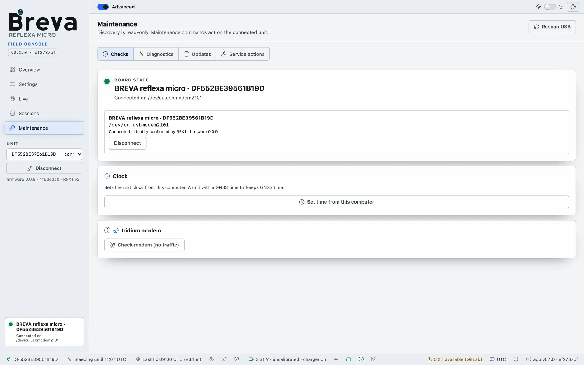Maintenance, Checks tab with board state, clock and modem check