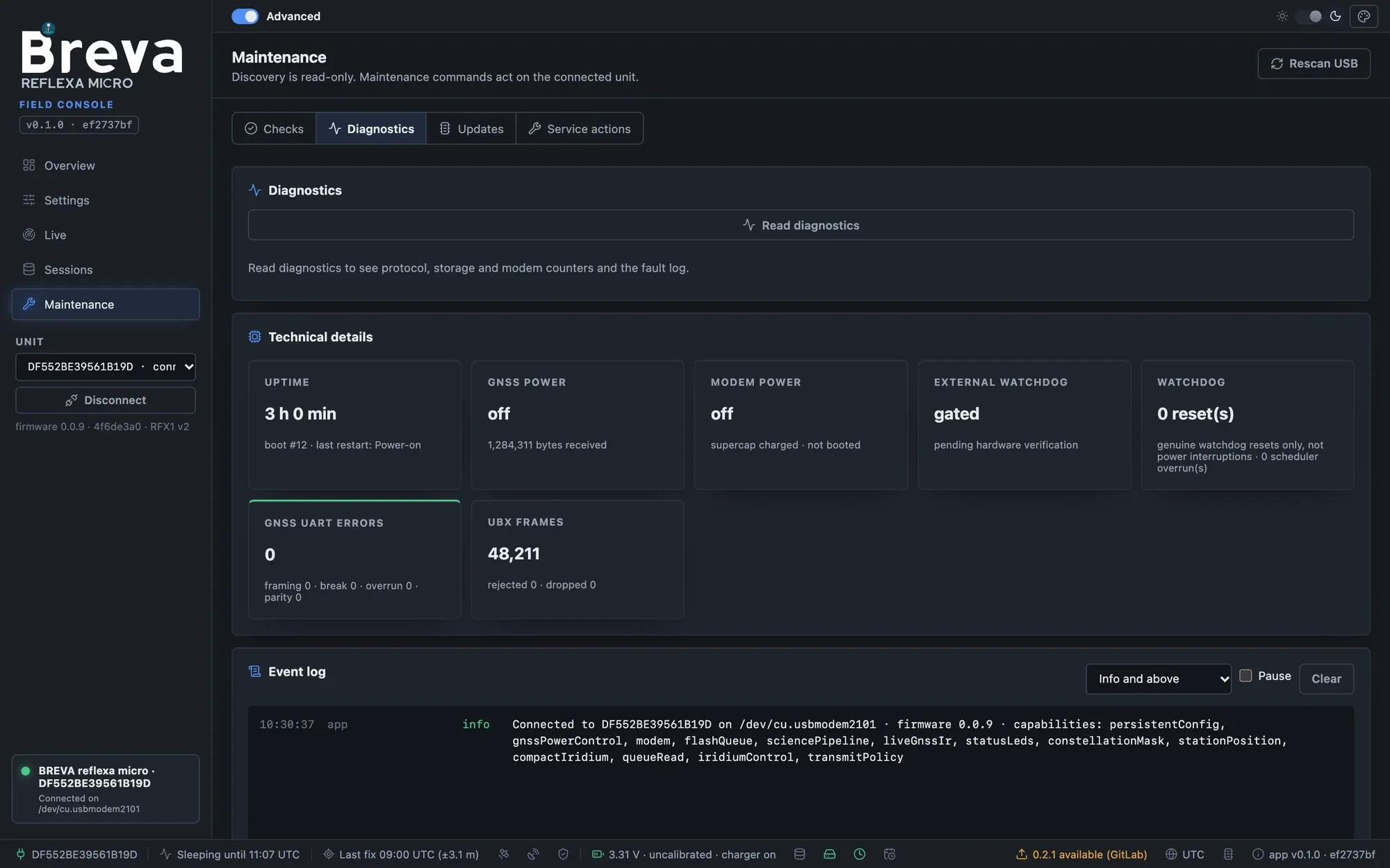 Maintenance, Diagnostics tab with technical details and the event log