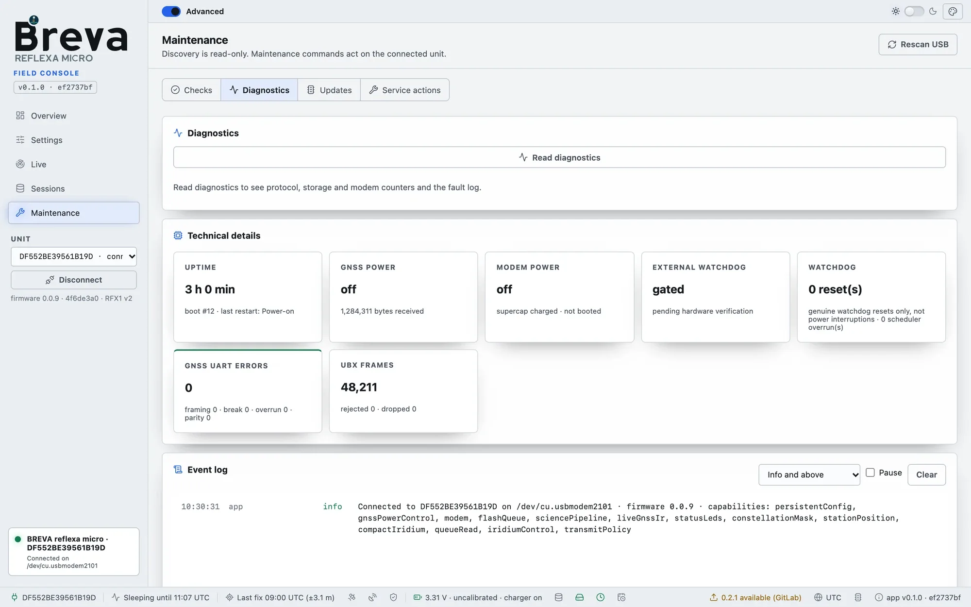 Maintenance, Diagnostics tab with technical details and the event log
