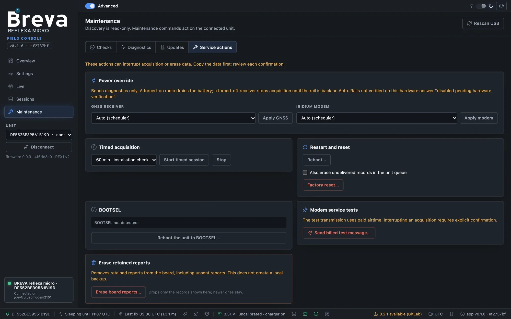 Maintenance, Service actions tab with power override, timed acquisition, restart and reset
