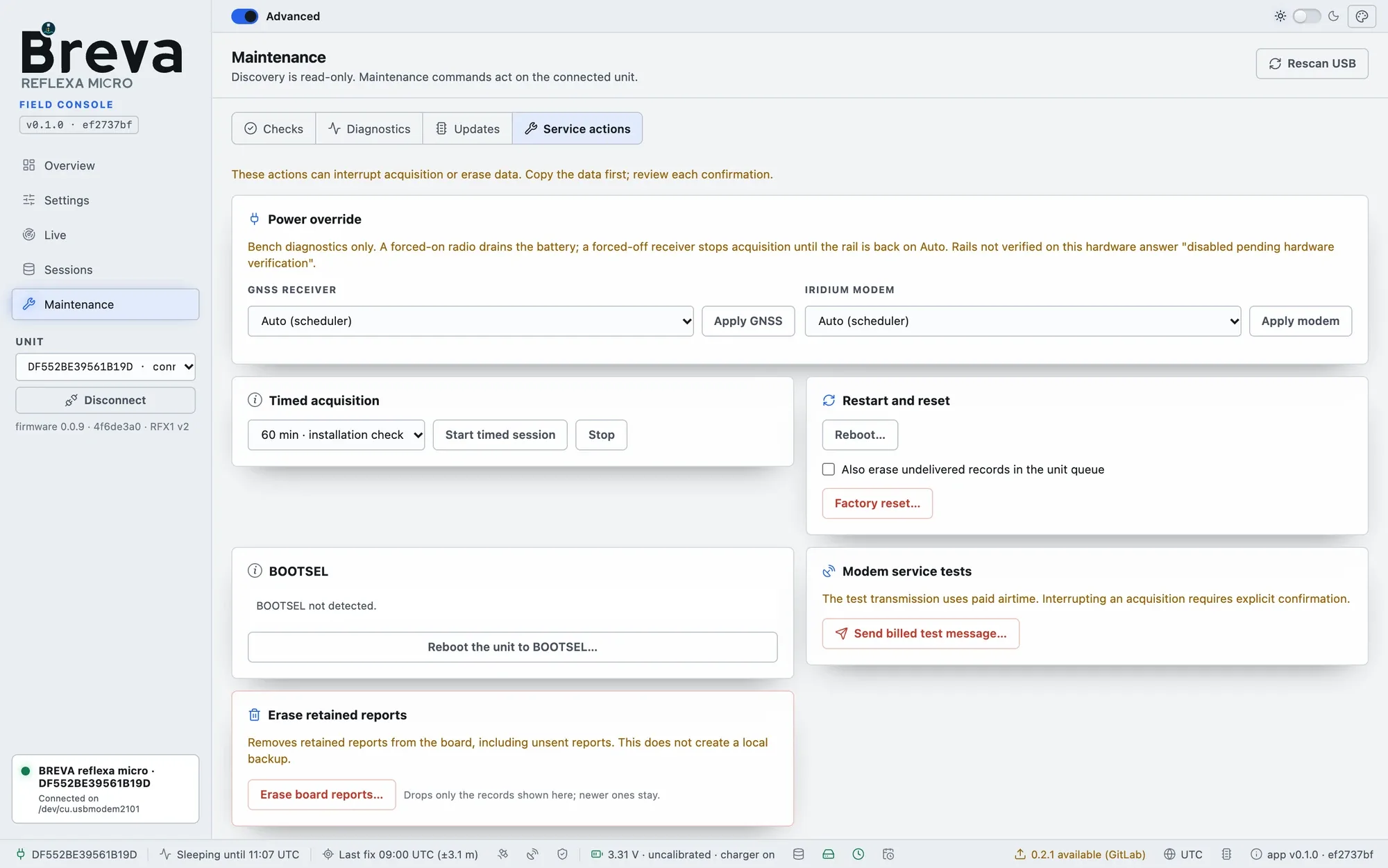 Maintenance, Service actions tab with power override, timed acquisition, restart and reset