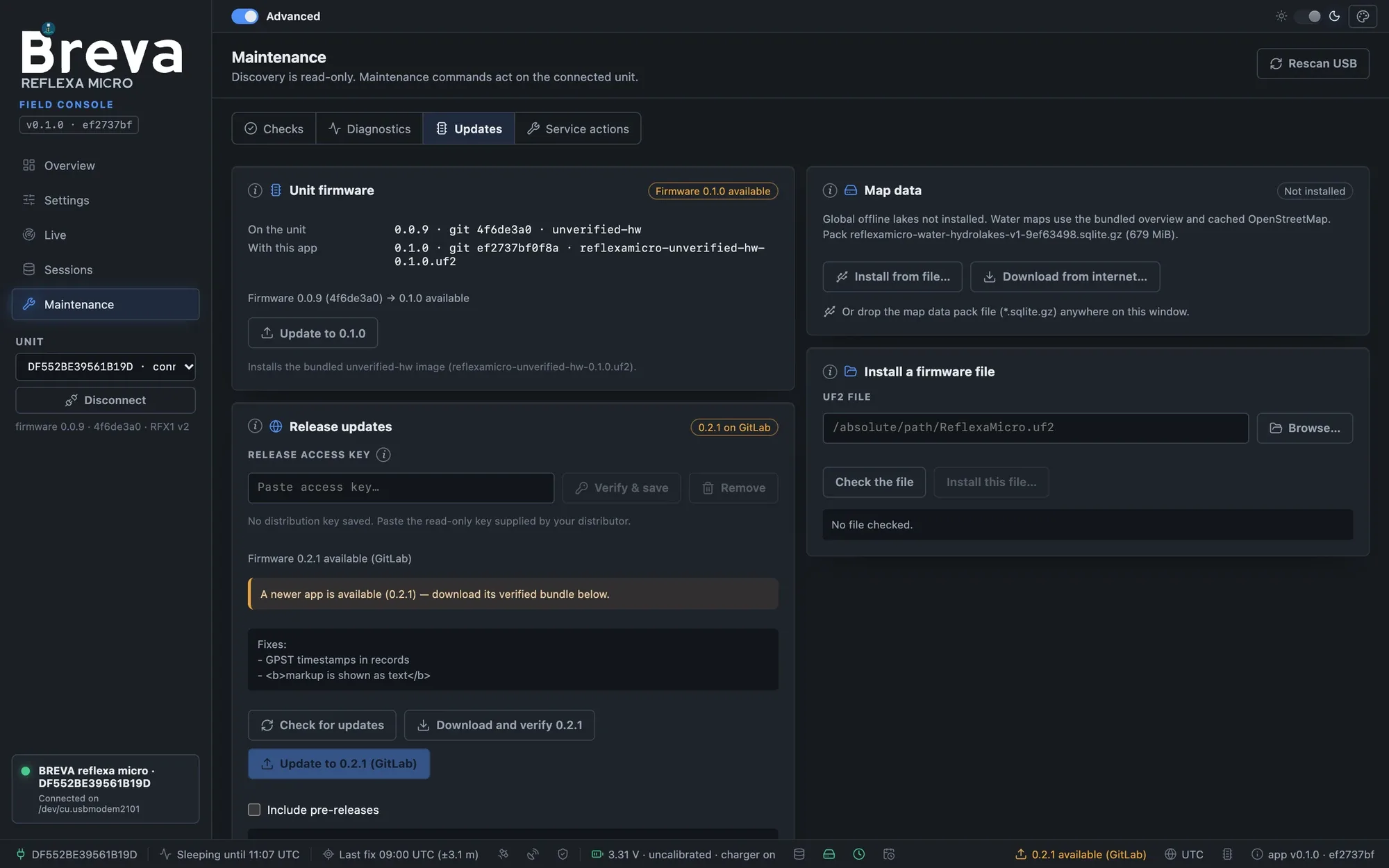 Maintenance, Updates tab with unit firmware, release updates, map data and a firmware file