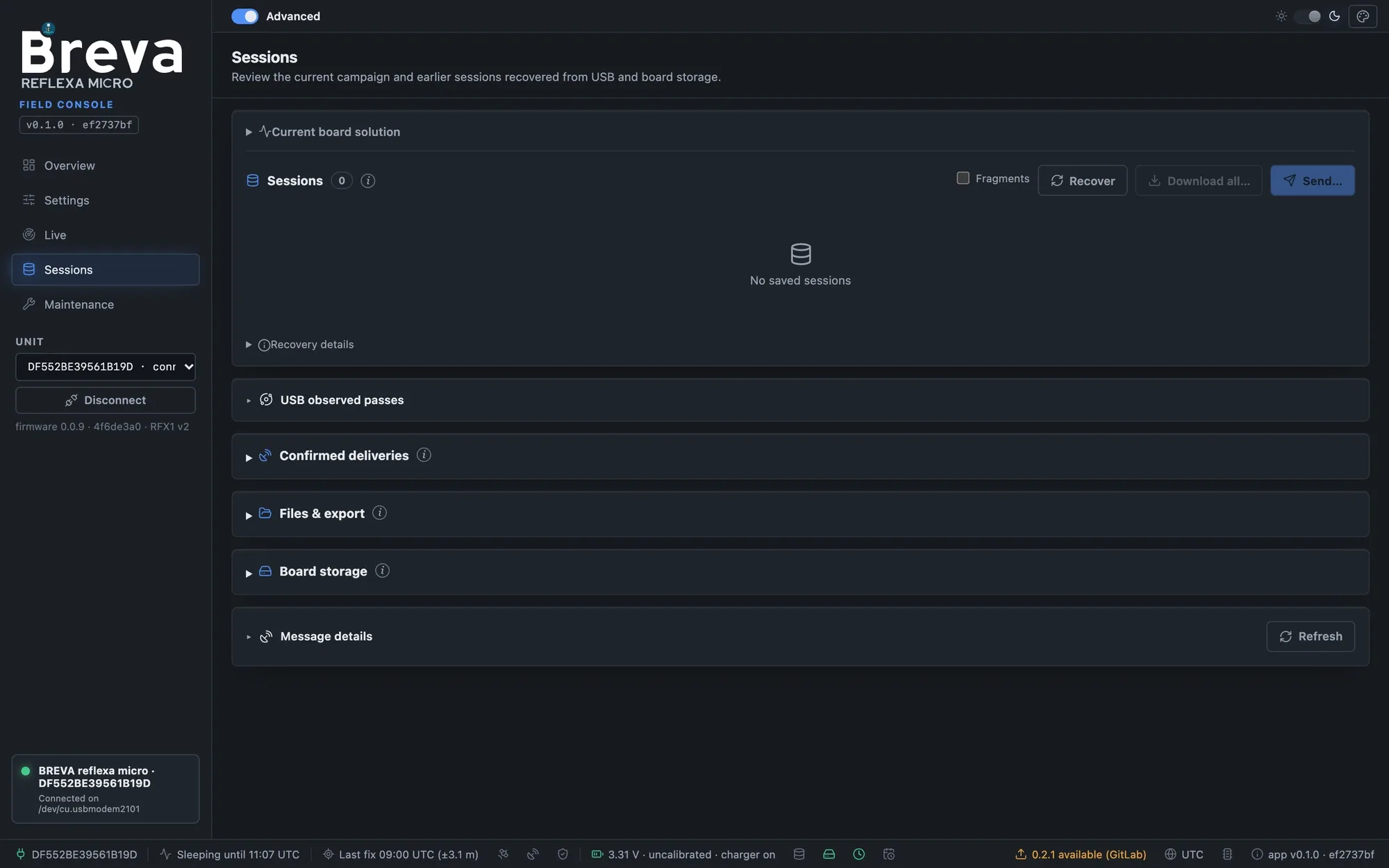Advanced mode Sessions page