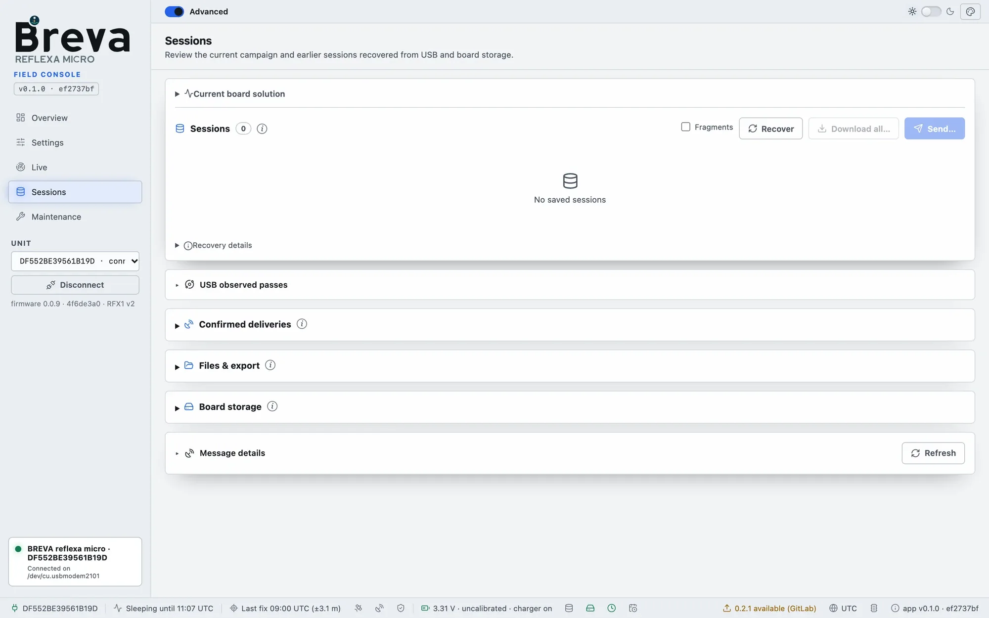 Advanced mode Sessions page