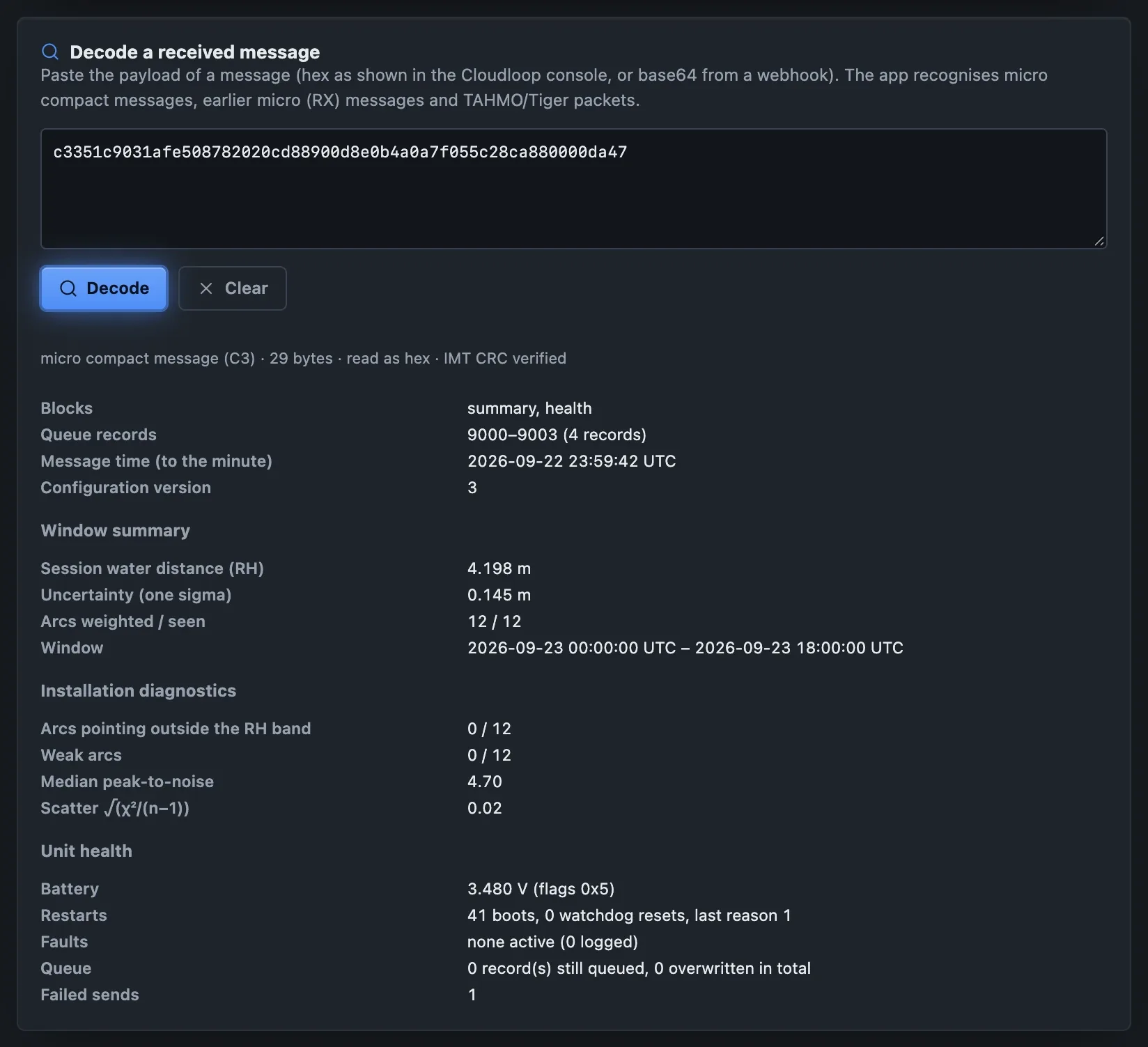 Decode a received message card with a pasted payload and the decoded summary and health