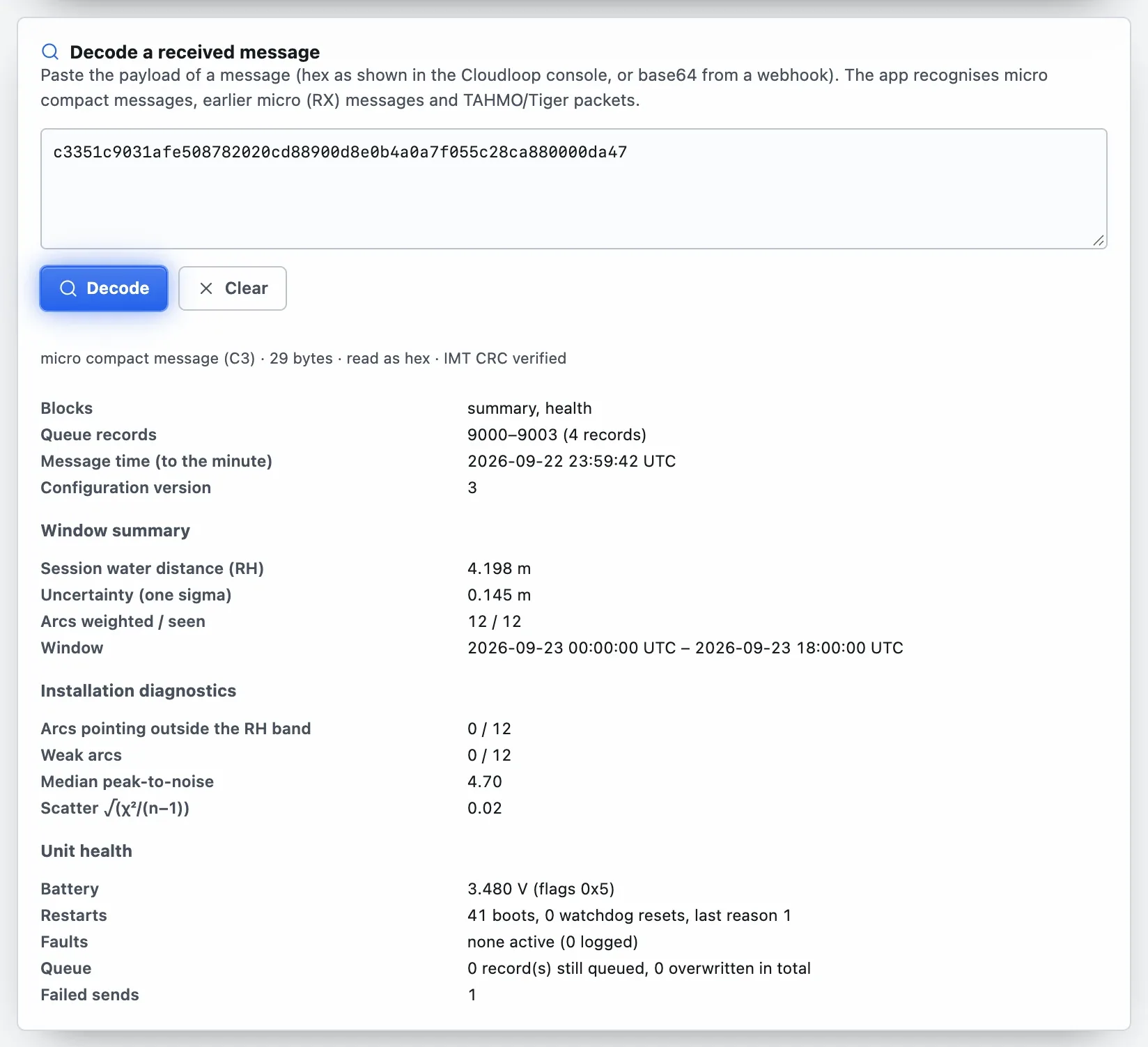 Decode a received message card with a pasted payload and the decoded summary and health