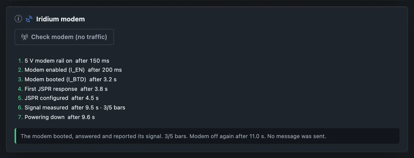 Iridium modem card after Check modem: every phase with its time, signal 3 of 5 bars, no message sent