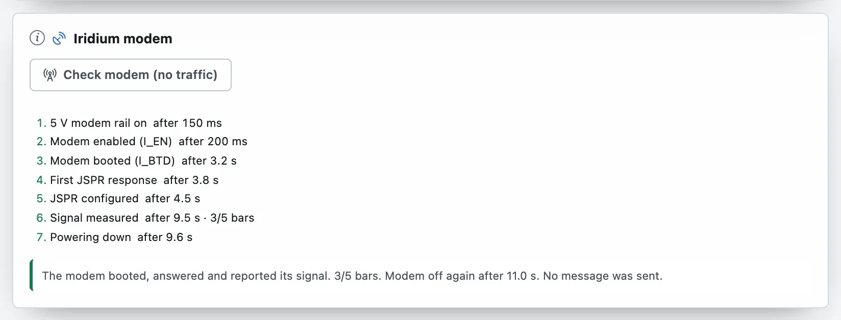 Iridium modem card after Check modem: every phase with its time, signal 3 of 5 bars, no message sent