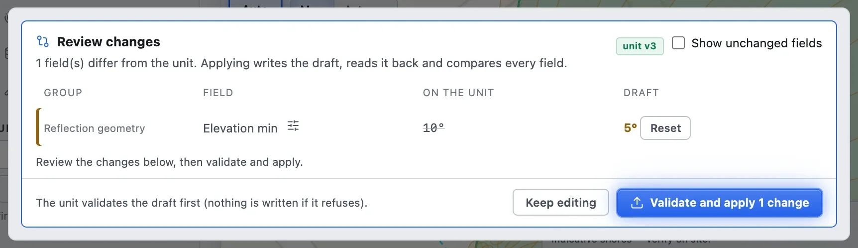 Review changes dialog listing one changed field before validating and applying