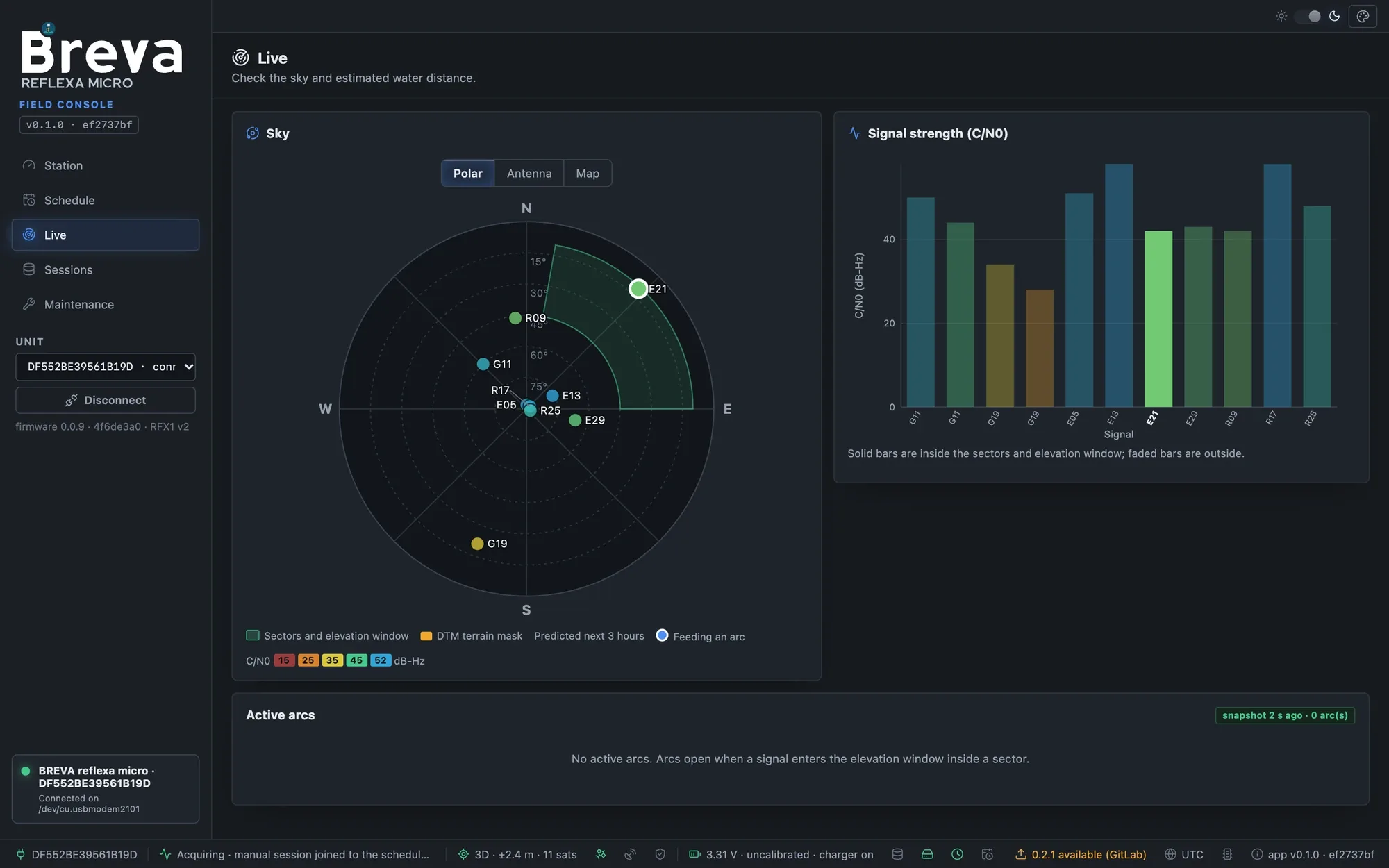 Live page during a session with satellites in the sector and their signal strength
