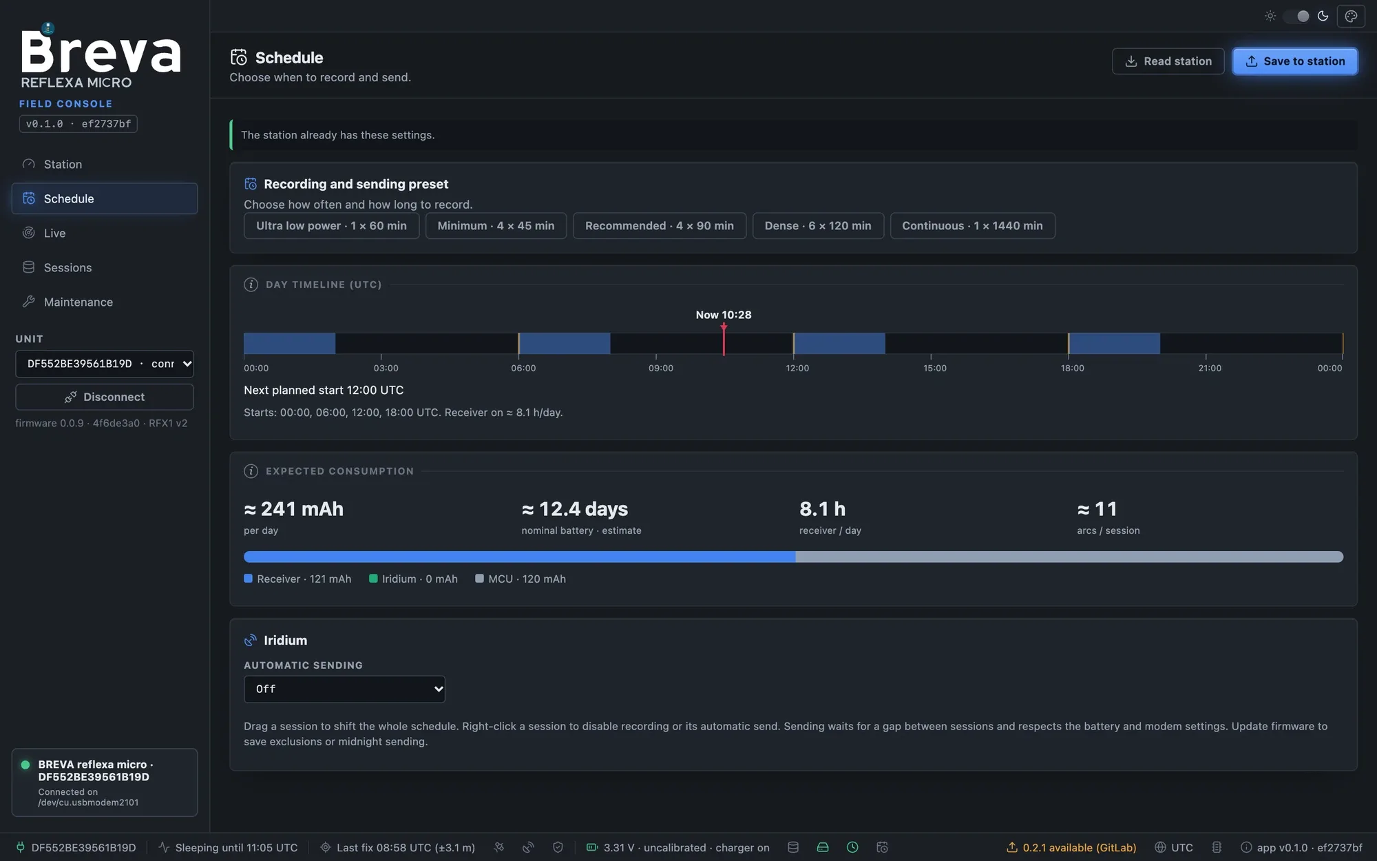 Schedule page with the presets, the day timeline and the expected consumption